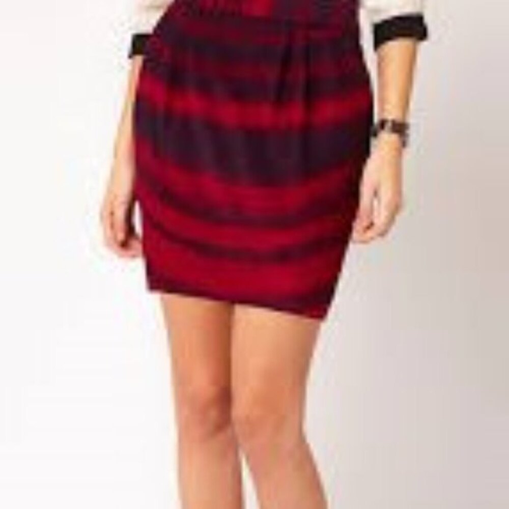 ASOS Bell Mini Skirt Size 10 Red Black Wool Blend Stripe Fully Lined Back Zip